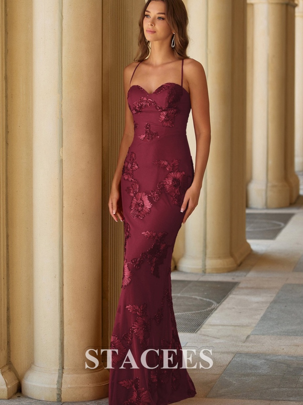 Stacees Burgundy Fitted Floral Jacquard Spaghetti Strap Prom Gown with Open Back - Picture 2 of 6
